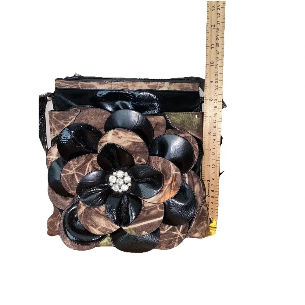 Unbranded Camo Black Floral Applique Crossbody Bag Rhinestone Flower Purse